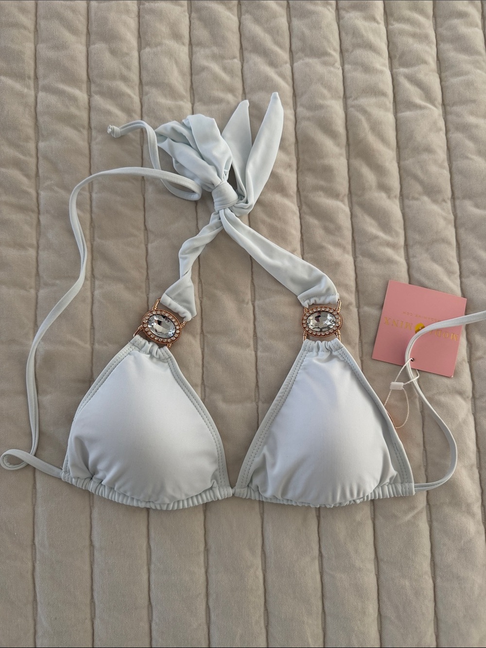 White Embellished Triangle Bikini Top - Women Swim Bikini